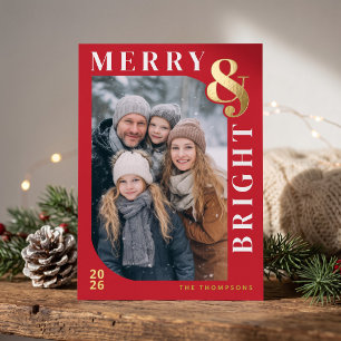 Merry and Bright Modern Christmas Photo - Red Foil Holiday Card