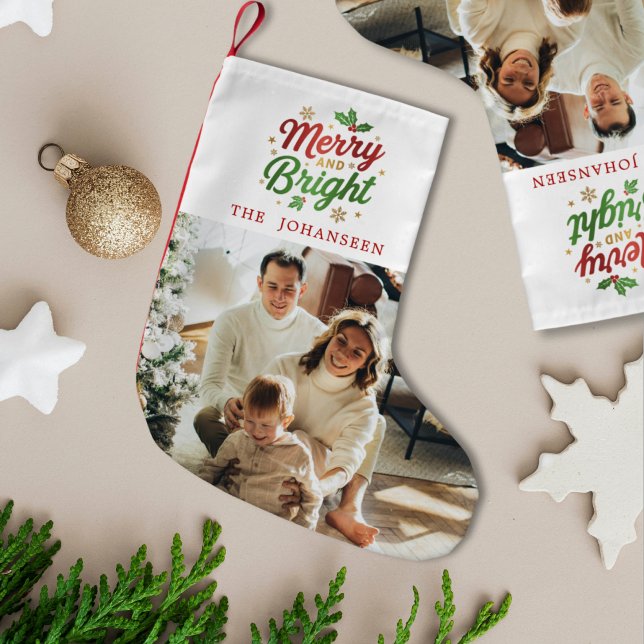 Merry and Bright Modern Classic Chic Family Photo Small Christmas Stocking (Creator Uploaded)