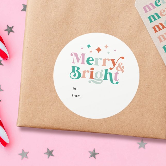 Merry and Bright Modern Colourful Christmas Classic Round Sticker ("merry and bright" colorful typography Christmas gift sticker)