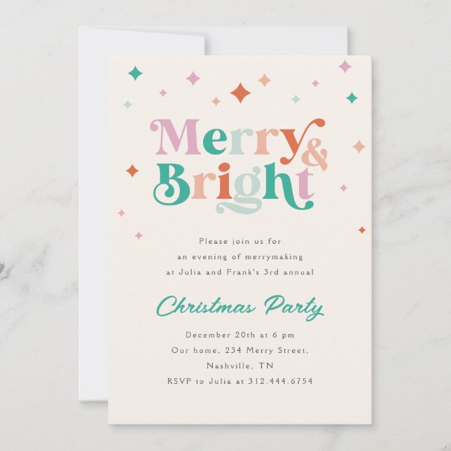 Merry and Bright Modern Colourful Christmas Invitation (Front)