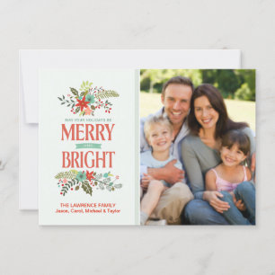 Merry and Bright Modern Floral Family Photo Card