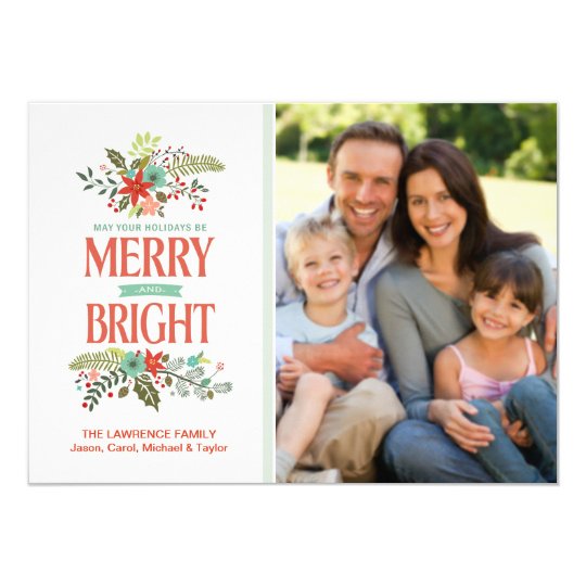 Merry and Bright Modern Floral Family Photo Card