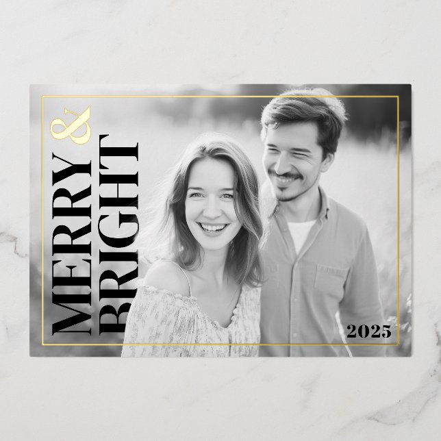 Merry and Bright Modern Foil Holiday Photo Card (Front)