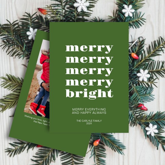 Merry and Bright Modern Minimal Green Photo Holiday Card (Creator Uploaded)