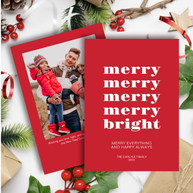 Merry and Bright Modern Minimal Red Photo Holiday Card (Creator Uploaded)