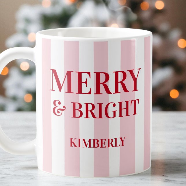 Merry and Bright Modern Pink Striped Christmas Coffee Mug (Merry and Bright Modern Pink Striped Christmas Coffee Mug)
