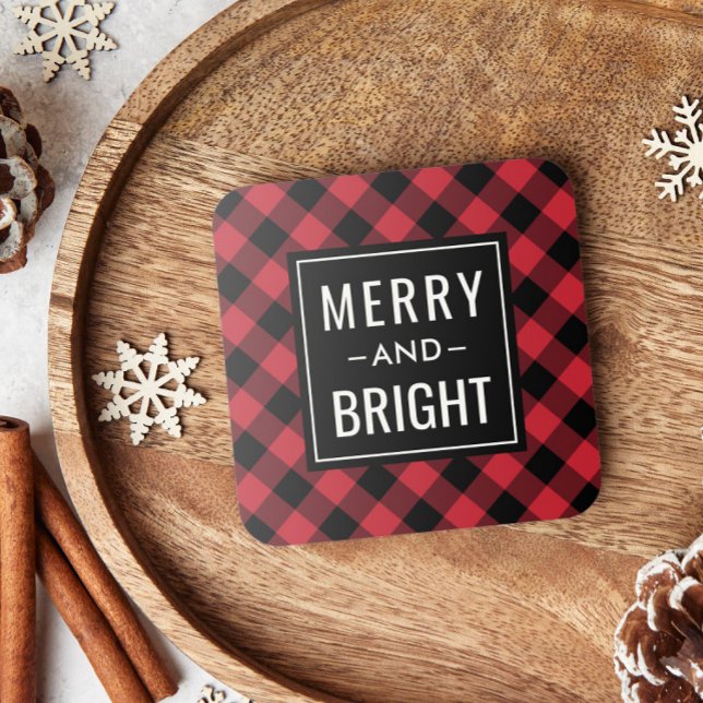 Merry and Bright Modern Red Buffalo Plaid Holiday Coaster (Creator Uploaded)