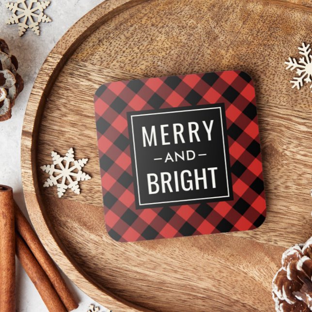 Merry and Bright Modern Red Buffalo Plaid Holiday Coaster (Creator Uploaded)