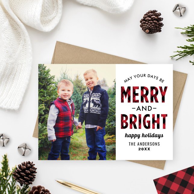 Merry and Bright Modern Red Buffalo Plaid Photo Holiday Card (Creator Uploaded)
