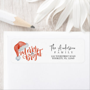 Merry and Bright modern red Santa hat Return Address Label