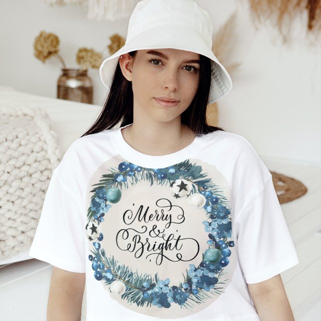 Merry and Bright Modern Red Women's Christmas T-Shirt (Creator Uploaded)