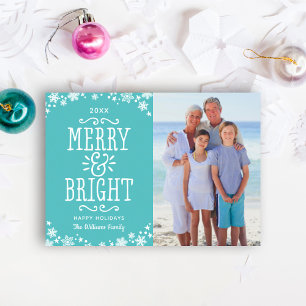 Merry and Bright Modern Teal Blue Photo Holiday Card