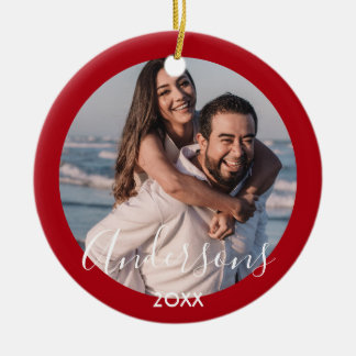 Merry And Bright | Modern Typography Red Christmas Ceramic Ornament