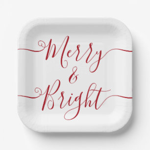 Merry And Bright Modern Typography Red Christmas Paper Plate