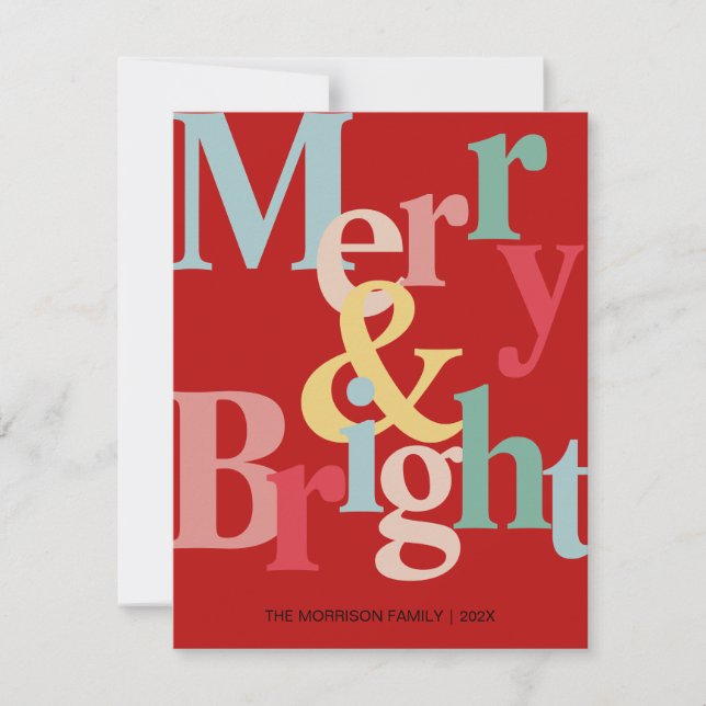Merry and bright  Modern typography red Holiday Card (Front)