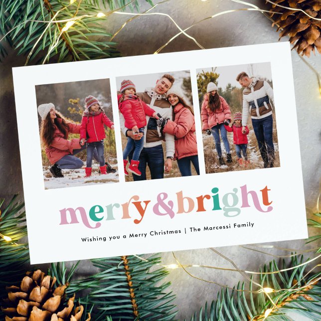 Merry and Bright Modern Whimsical 3-Photo Holiday Card (Creator Uploaded)