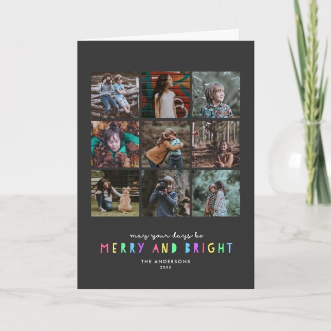 Merry and Bright Multiple Photo Grid on Slate Card (Front)