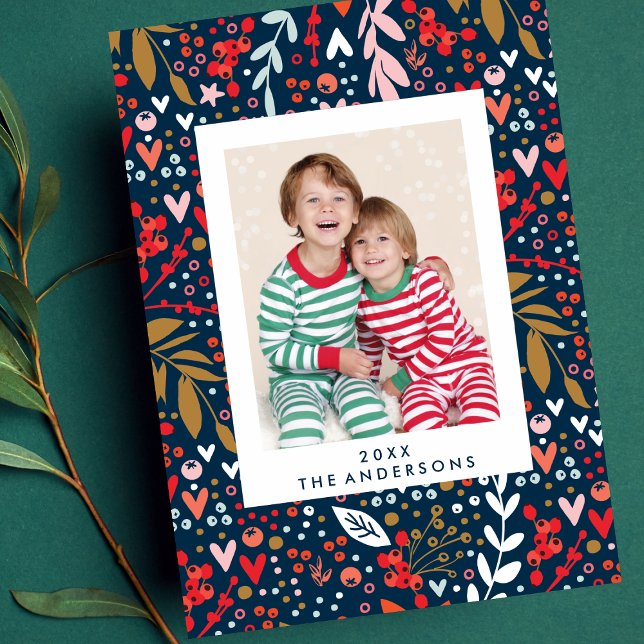 Merry and Bright Navy Botanical Christmas Photo Holiday Card (Creator Uploaded)