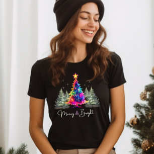 Merry and Bright Neon Glowing Christmas Tree Black T-Shirt