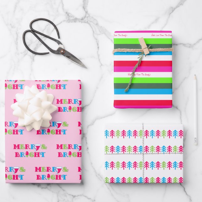 Merry and Bright Neon Pastel Christmas Wrapping Paper Sheet (Front)