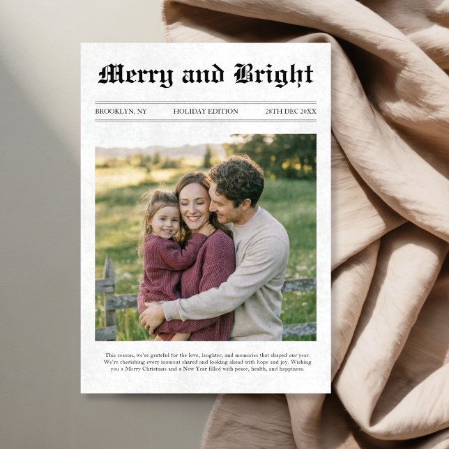 Merry and Bright Newspaper Family Photo Christmas Holiday Card (Creator Uploaded)