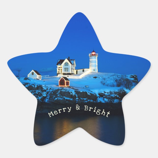 Merry and Bright Nubble Christmas Lighthouse Star Sticker (Front)