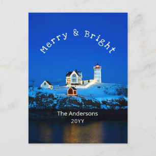 Merry and Bright Nubble Lighthouse Christmas Holiday Postcard