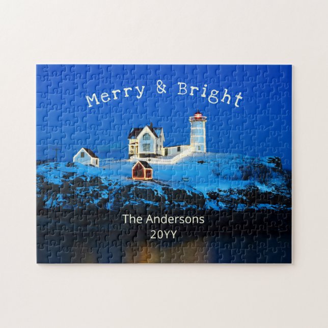 Merry and Bright Nubble Lighthouse Jigsaw Puzzle (Horizontal)