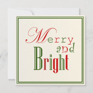 Merry and Bright on Light Gold, Green Border Holiday Card