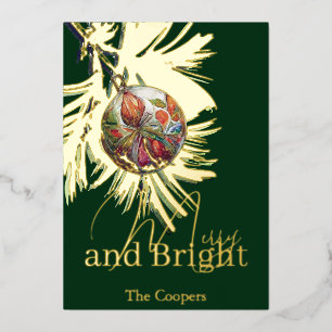 Merry and Bright ornament on branch Foil Holiday Card