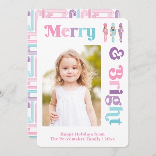 Merry And Bright Pastel Nutcracker Christmas Photo Holiday Card (Front/Back)