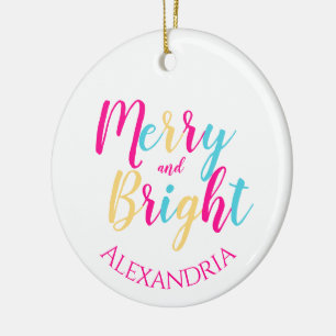 Merry and Bright Personalised Colourful Christmas Ceramic Ornament