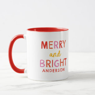 Merry and Bright Personalised Gingham Red & Pink Mug