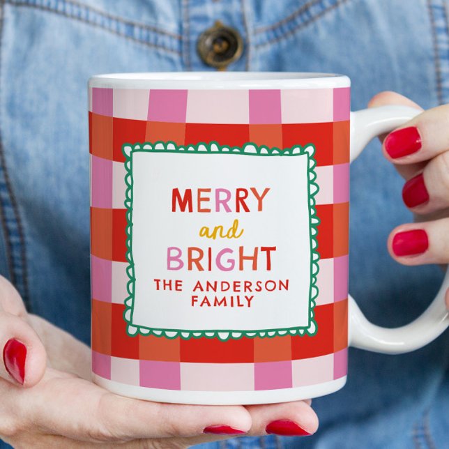 Merry and Bright Personalised Gingham Red & Pink Mug (Creator Uploaded)