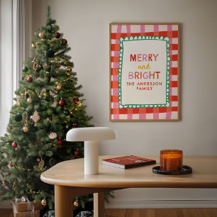 Merry and Bright Personalised Gingham Red & Pink Poster