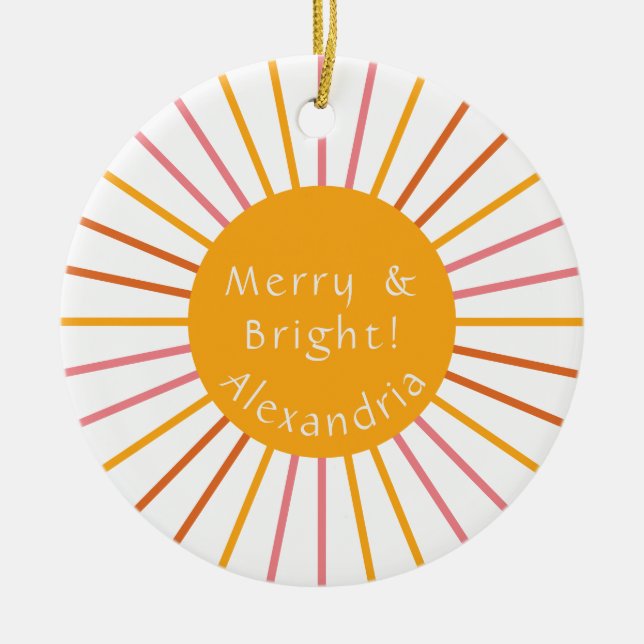 Merry and Bright Personalised Yellow Ceramic Ornament (Front)