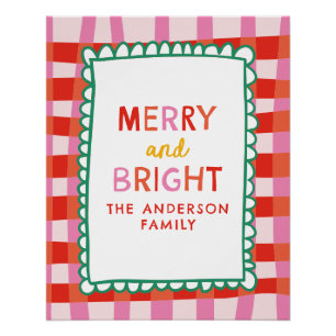 Merry and Bright Personalized Gingham Red & Pink Poster