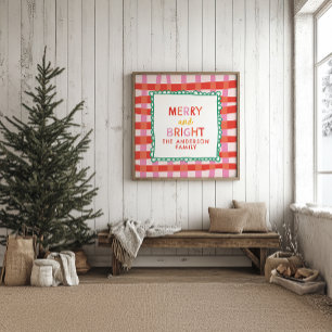 Merry and Bright Personalized Gingham Red & Pink Poster