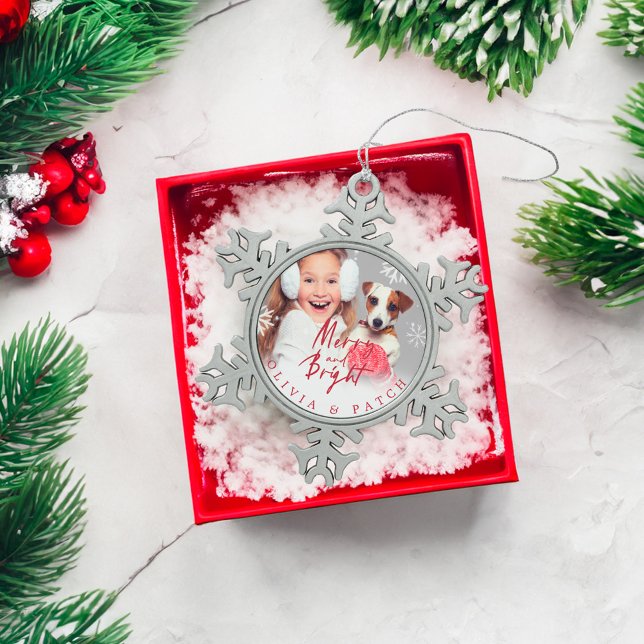 Merry and Bright | Pet Holiday Snowflake Pewter Christmas Ornament (Merry and Bright | Pet Holiday Snowflake Snowflake Pewter Christmas Ornament)