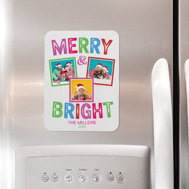 Merry and Bright Photo Christmas  Magnet (Merry and Bright Colorful Rainbow Christmas Photo Magnet)