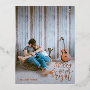 Merry and Bright Photo Christmas Rose Gold Foil Holiday Postcard