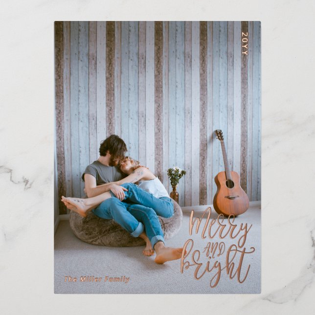 Merry and Bright Photo Christmas Rose Gold Foil Holiday Postcard (Front)