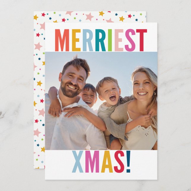 MERRY and BRIGHT PHOTO modern family colourful Holiday Card (Front/Back)