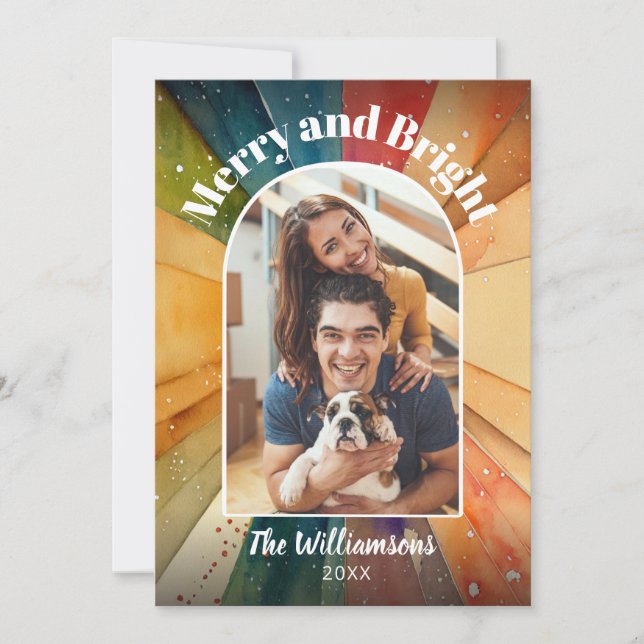 Merry and Bright Photo Modern Watercolor Christmas Holiday Card (Front)