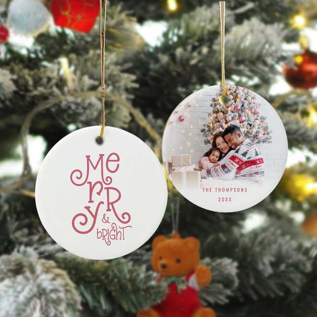 Merry and Bright Photo Name Rose Gold Christmas Ceramic Ornament (Front and back view)