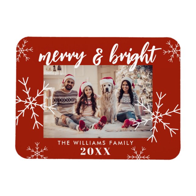 Merry and Bright Photo Red Snowflakes Christmas Magnet (Horizontal)