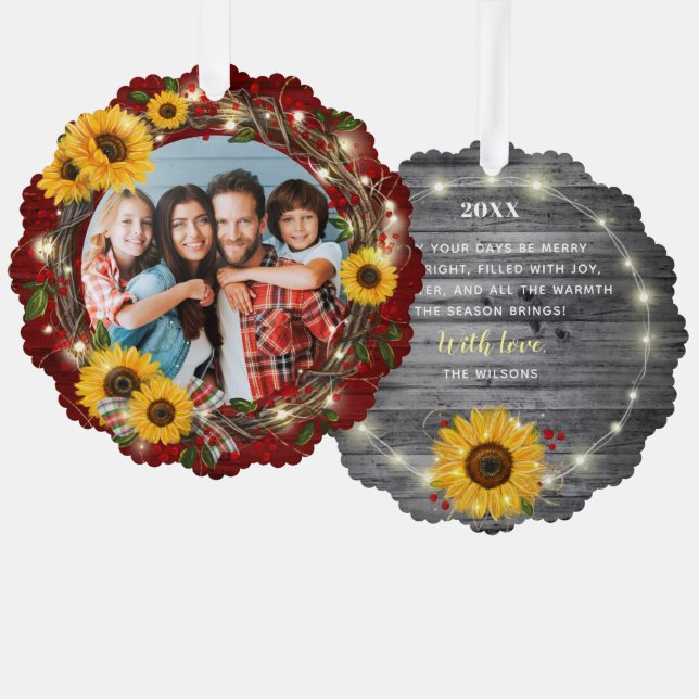 Merry and Bright Photo Rustic Sunflower Christmas Tree Decoration Card (Front/Back)