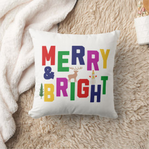 Merry and Bright Pine Tree Reindeer Snowman  Cushion