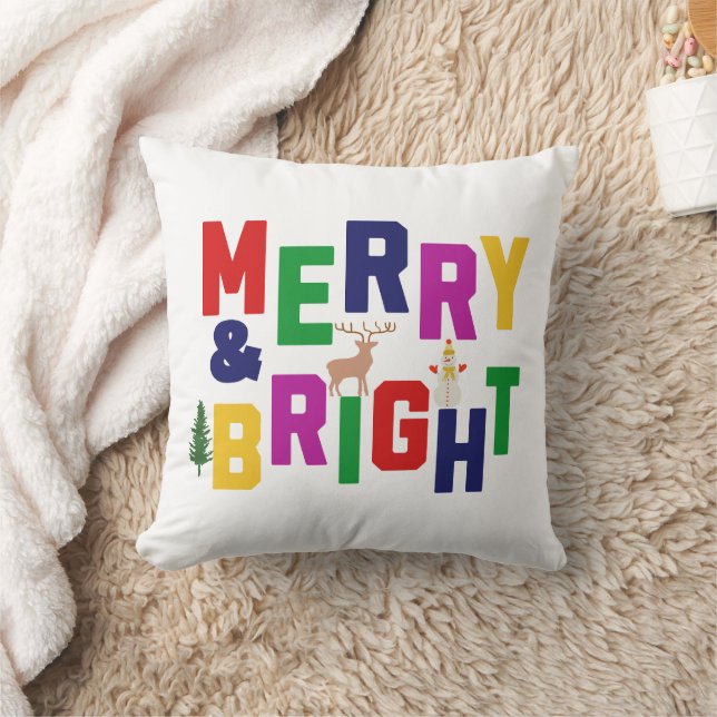 Merry and Bright Pine Tree Reindeer Snowman  Cushion (Blanket)