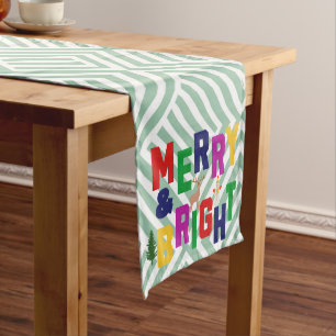 Merry and Bright Pine Tree Reindeer Snowman Medium Table Runner